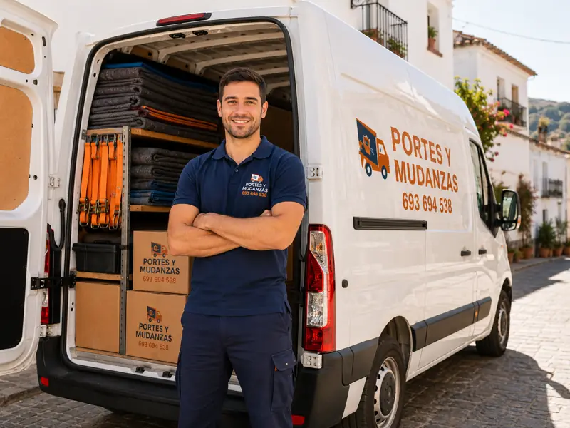 Conductor de FRANSPORTES junto a la furgoneta Renault Master cargada de cajas en Plasencia