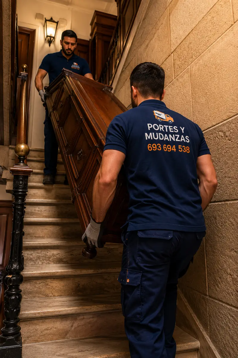 Operarios subiendo un armario de madera por una escalera durante una mudanza